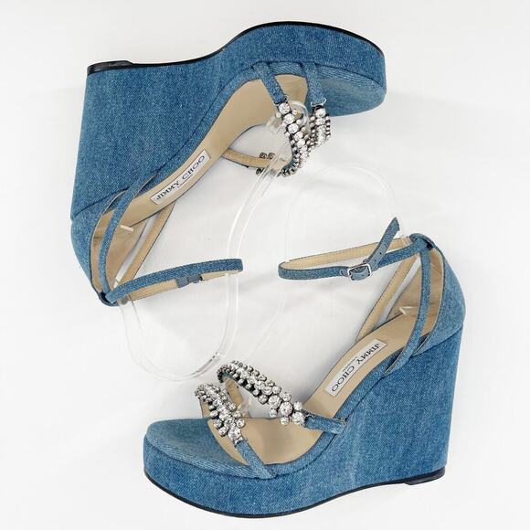 Jimmy Choo Blue Denim Bing 120 Crystal Embellished Wedge Sandal size IT 39 - Picture 5 of 15
